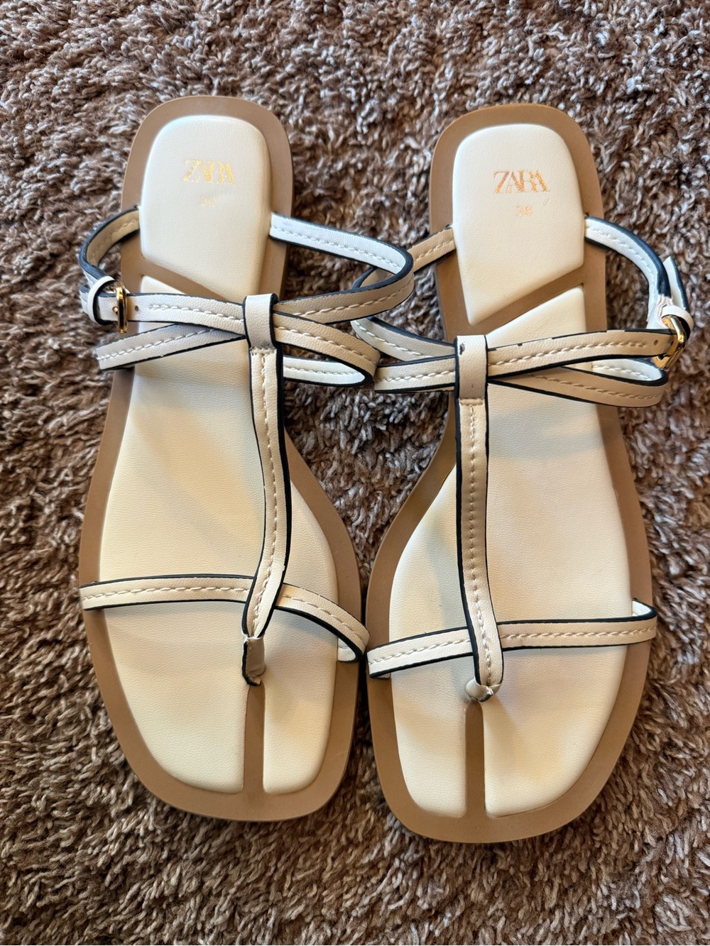 Zara Cream T-Strap Leather Sandals with Black Edge Trim